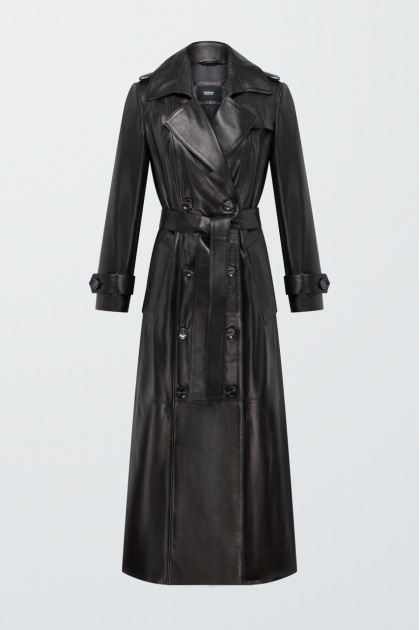 Women's black trench coat made of genuine leather
