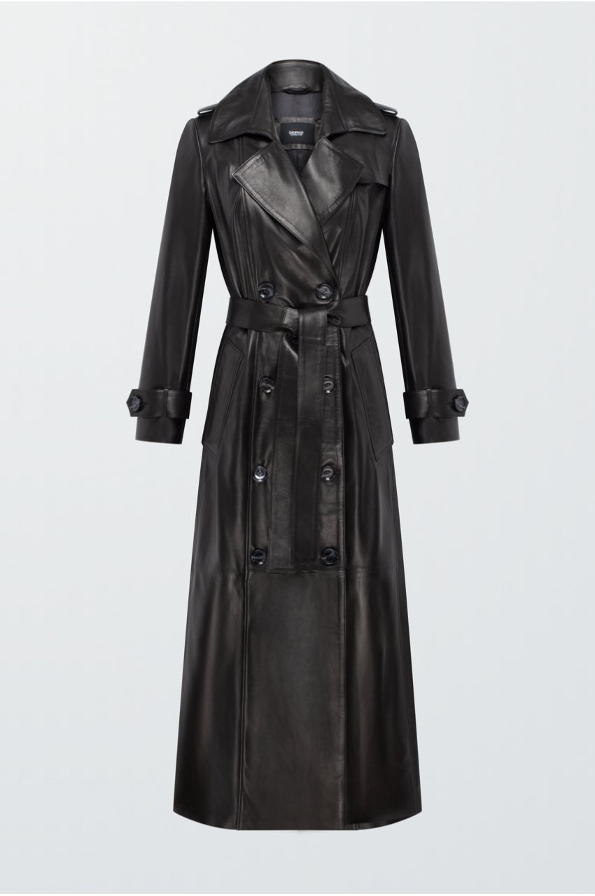 Women's black trench coat made of genuine leather