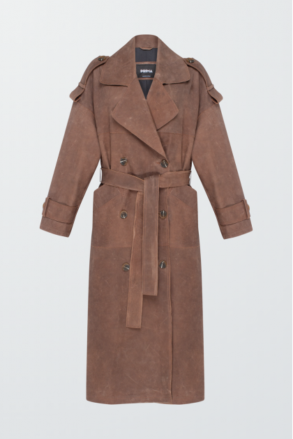 Stylish trench coat made of calfskin in VINTAGE style in brown color