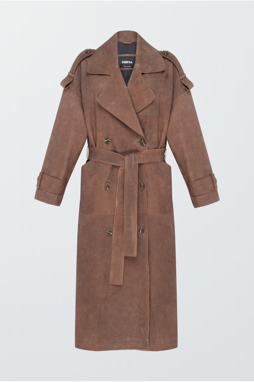 Stylish trench coat made of calfskin in VINTAGE style in brown color