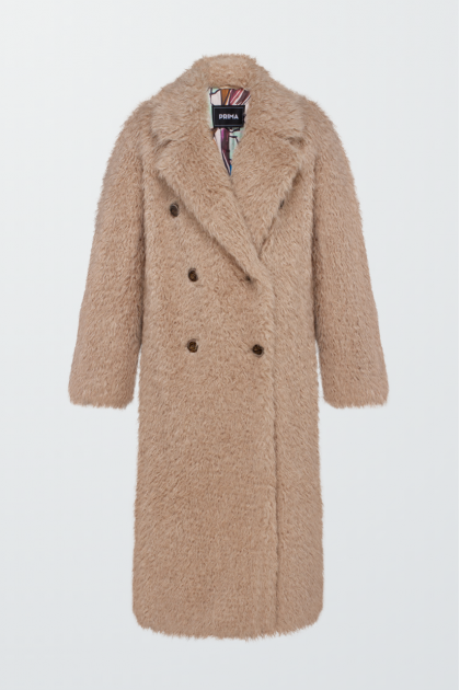 Stylish beige coat made of eco-fur