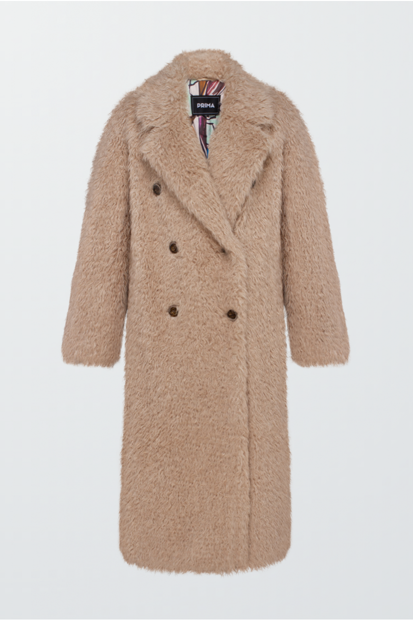 Stylish beige coat made of eco-fur