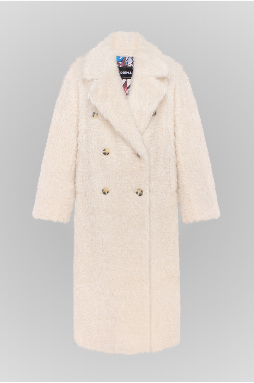 Stylish milky-colored coat made of eco-fur