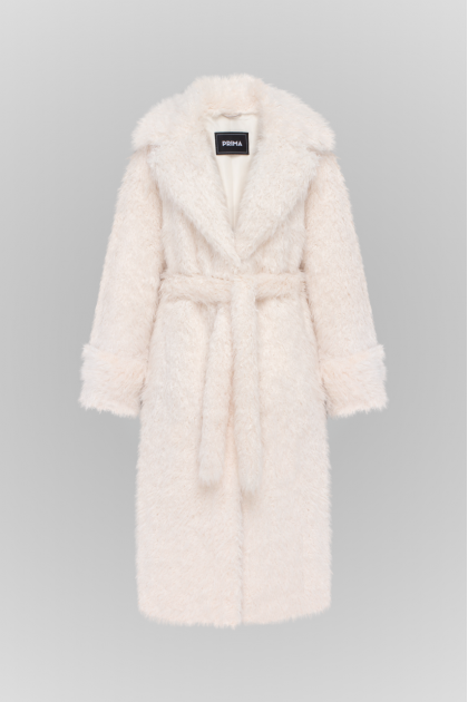 Long milky-colored coat made of eco-fur