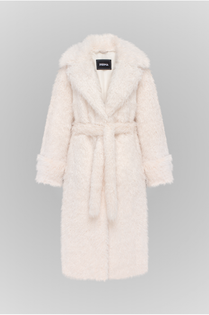 Long milky-colored coat made of eco-fur