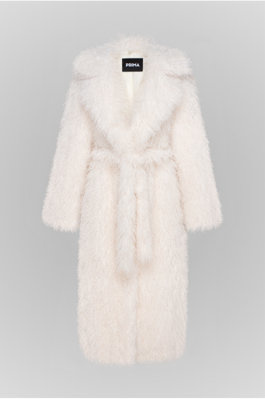 Long coat made of milky eco-fur