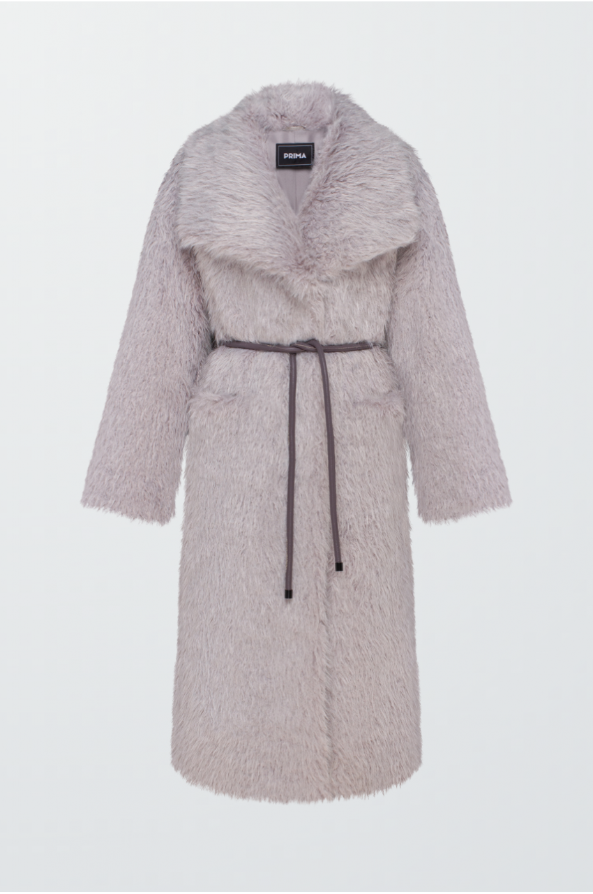 Long coat with eco fur in gray color