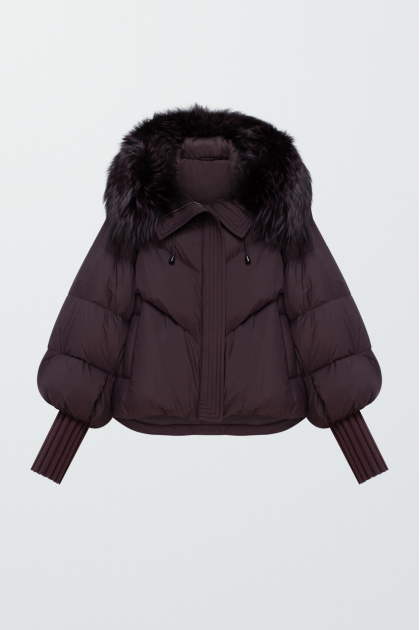 Short dark chocolate down jacket with fox fur