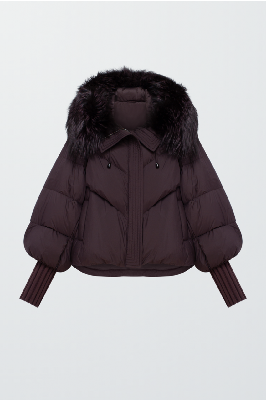 Short dark chocolate down jacket with fox fur