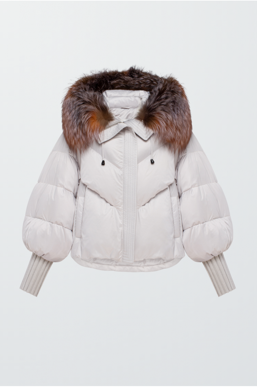 White down jacket with red fox fur