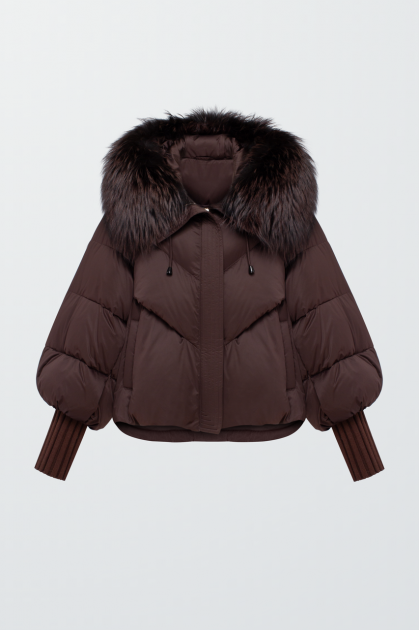 Stylish dark chocolate down jacket with fox fur