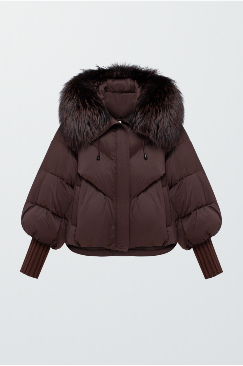 Stylish dark chocolate down jacket with fox fur