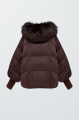 Stylish dark chocolate down jacket with fox fur