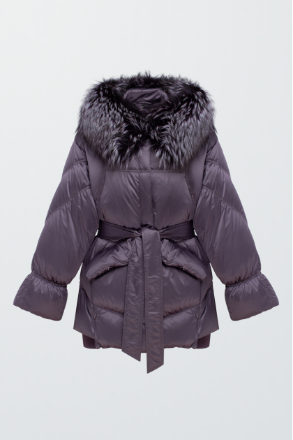 Women's amethyst-colored down jacket with fox fur