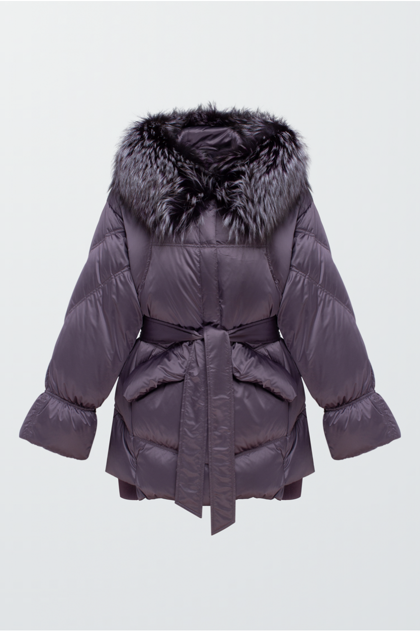 Women's amethyst-colored down jacket with fox fur