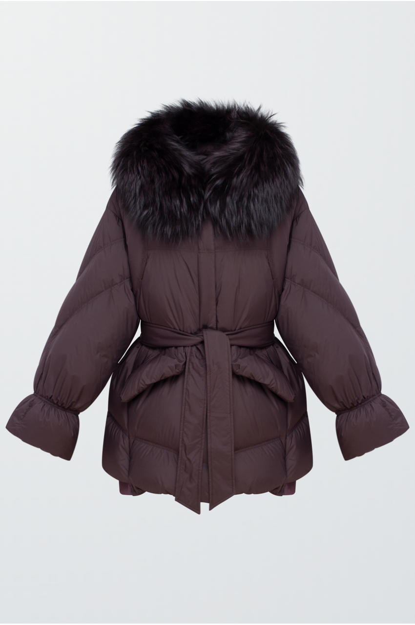 Women's dark chocolate down jacket with fox fur