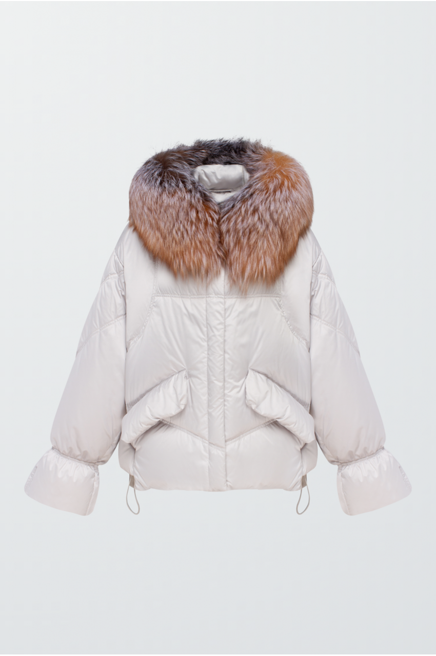 White down jacket with red fox fur