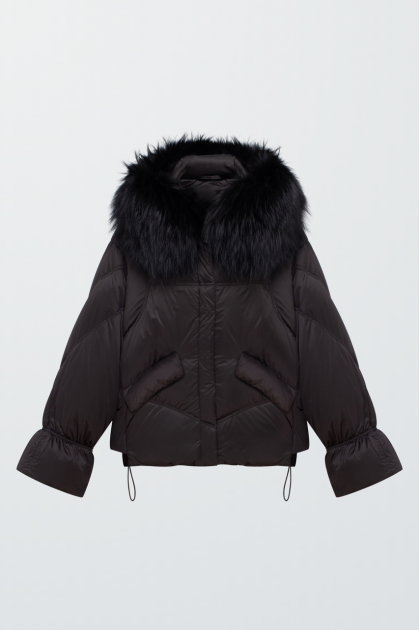 Stylish black down jacket with fox fur