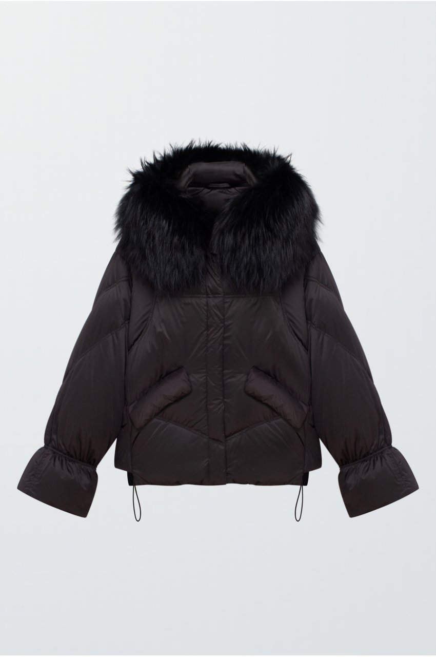 Stylish black down jacket with fox fur