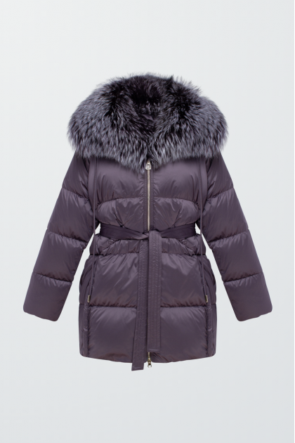 Women's amethyst-colored down jacket with fox fur