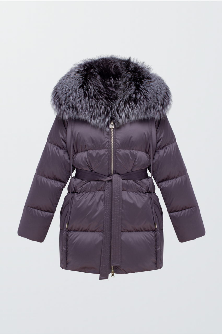 Women's amethyst-colored down jacket with fox fur