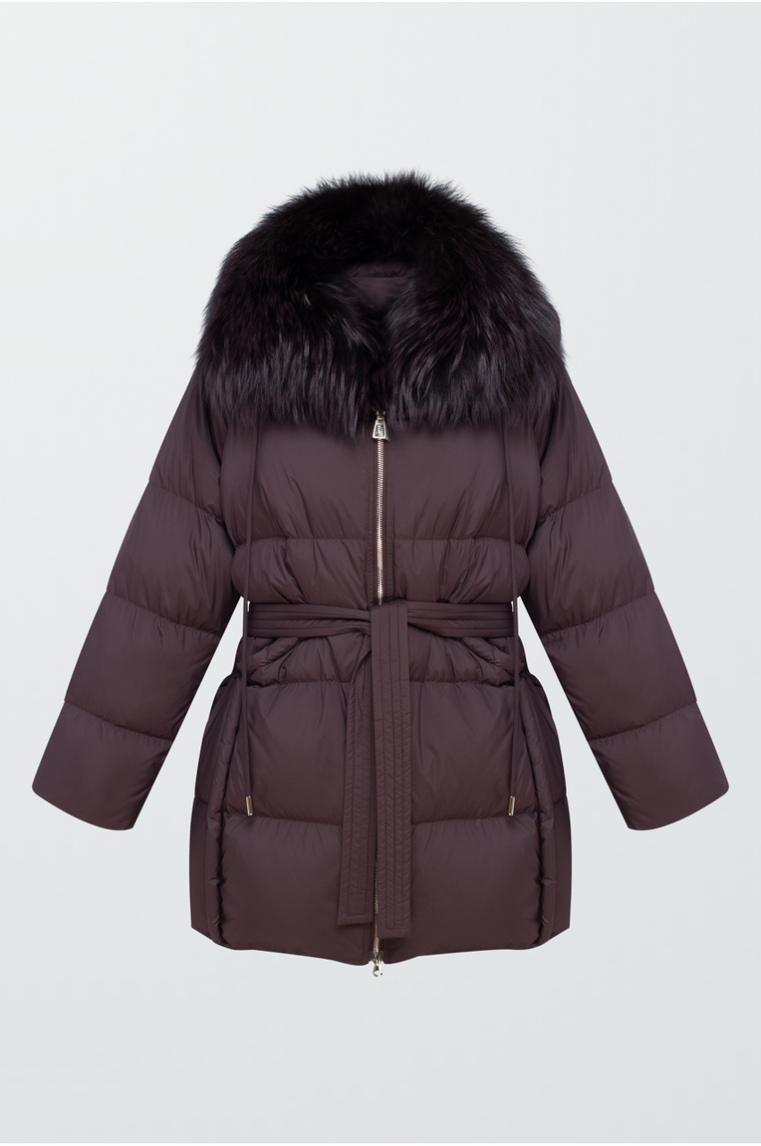 Women's dark chocolate down jacket with fox fur