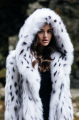 Long white Canadian fox fur coat with hood