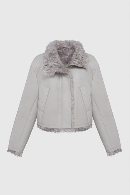 Short sheepskin coat made of natural sheepskin in gray color