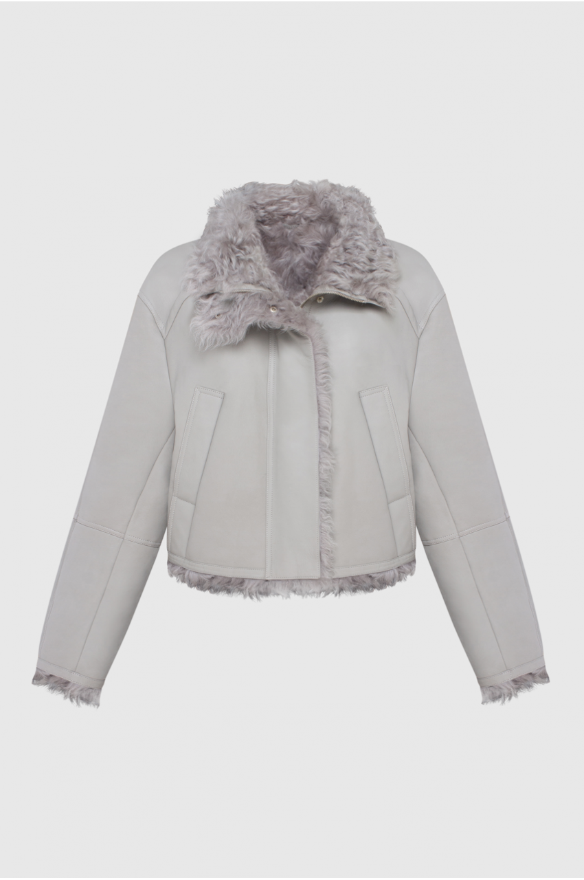 Short sheepskin coat made of natural sheepskin in gray color