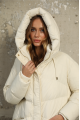 Long women's milk-colored down jacket with natural filler