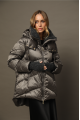 Long women's down jacket in dark metallic color with natural filler