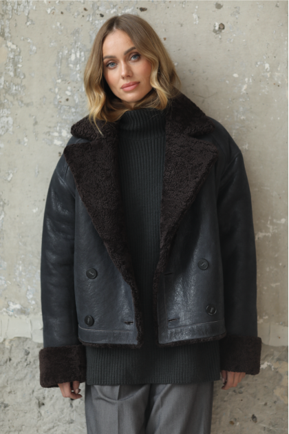 Short black sheepskin coat