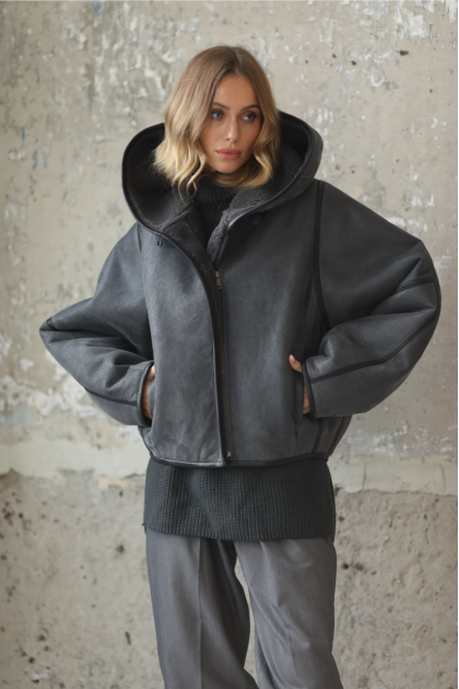 Short gray sheepskin coat