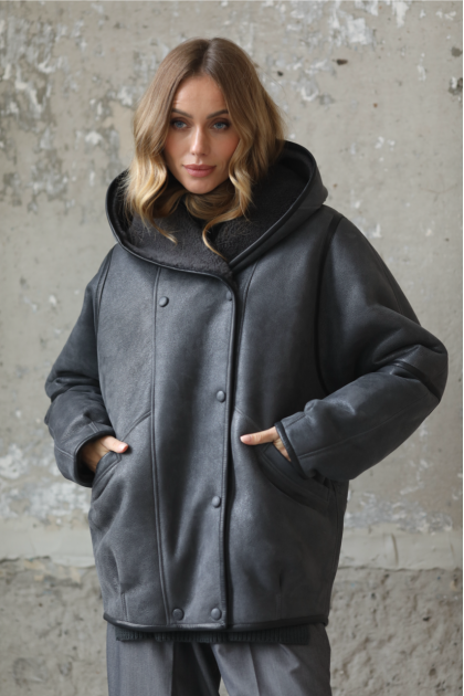 Gray sheepskin coat with a hood