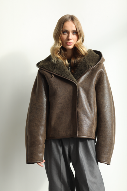 A sheepskin coat with a hood