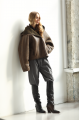 Short sheepskin coat with a chocolate-colored hood made of natural sheepskin