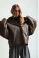 Short sheepskin coat with a chocolate-colored hood made of natural sheepskin