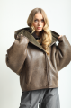 Short sheepskin coat with a chocolate-colored hood made of natural sheepskin