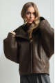 Short sheepskin coat with a chocolate-colored hood made of natural sheepskin