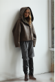 Short sheepskin coat with a chocolate-colored hood made of natural sheepskin