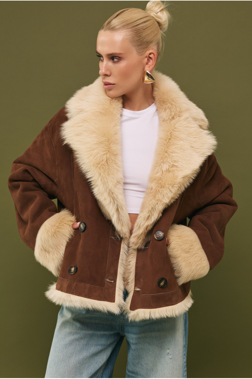 Chocolate-colored suede double-sided sheepskin coat made of cashmere lamb