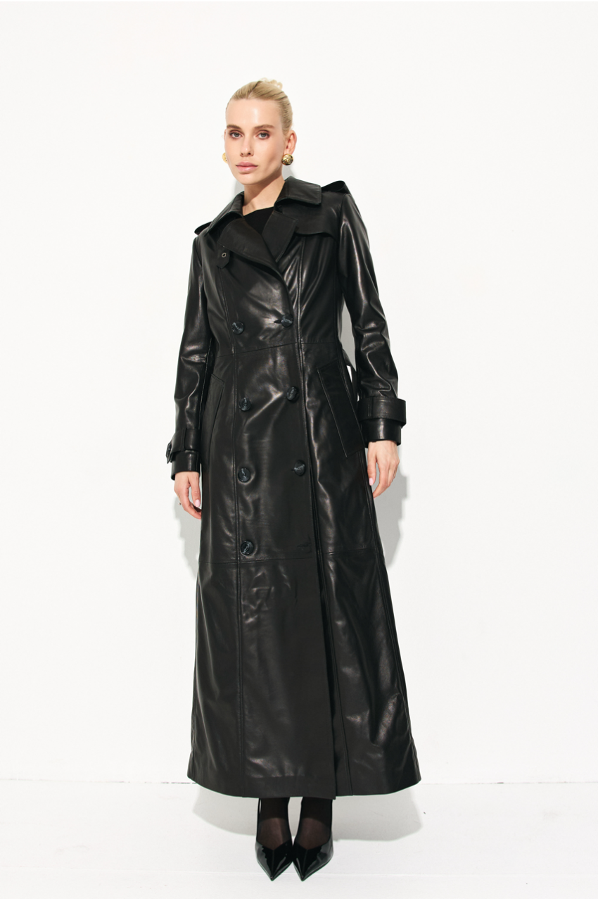 Women's black genuine leather trench coat