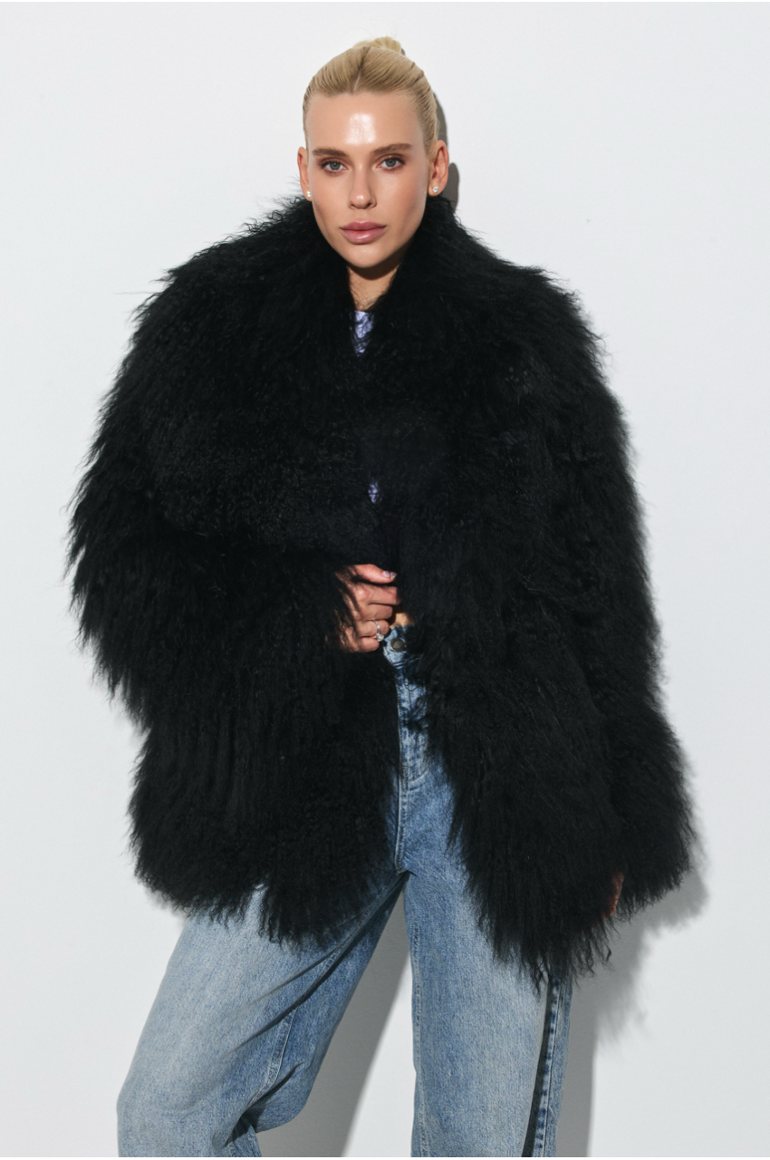 Women's natural llama fur coat in black
