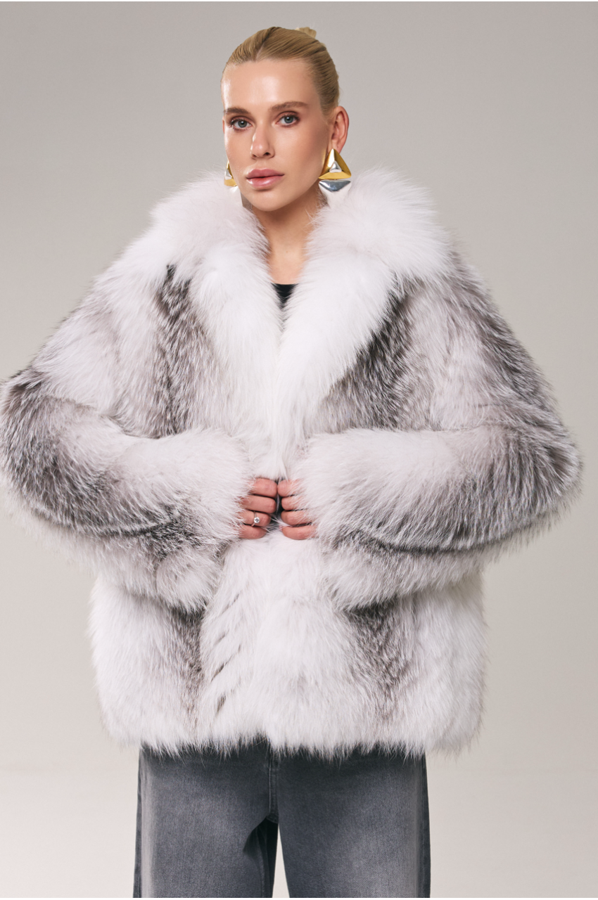 Stylish women's gray fox fur coat