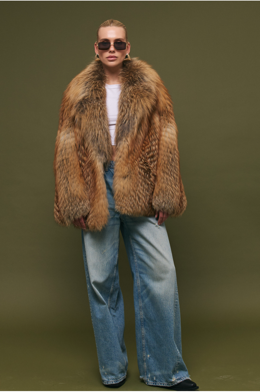 Stylish women's brown fox fur coat