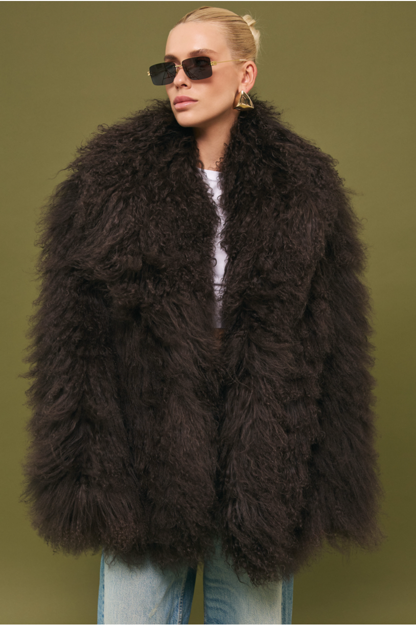 Women's chocolate-colored fur coat made of natural llama