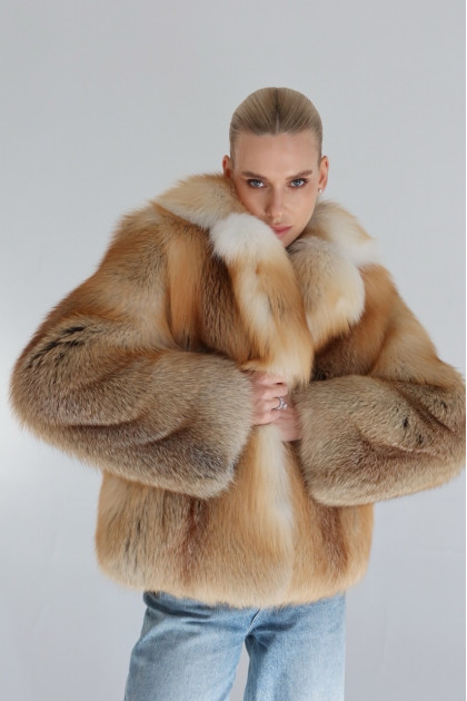 Short women's red fox fur coat