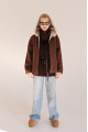 Chocolate-colored suede sheepskin coat with hood
