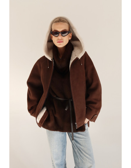 Chocolate-colored suede sheepskin coat with hood