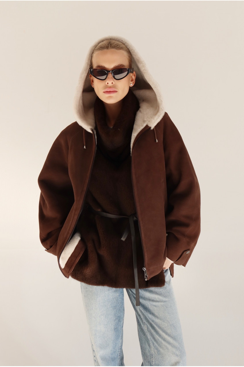 Chocolate-colored suede sheepskin coat with hood
